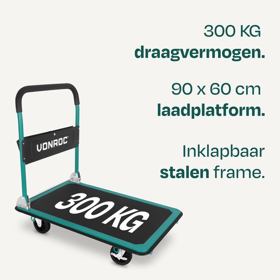 VONROC Plateauwagen – inklapbaar – draagvermogen max 300 kg – groot laadplatform 90x60 cm - transportwagen - inclusief spanbanden