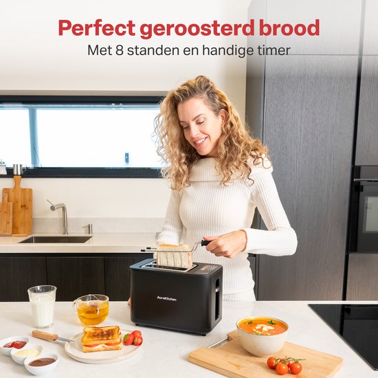 AoraKitchen Broodrooster met Tostiklemmen - 900W - 6 Warmteniveaus - Led Scherm - Toaster - met Timerfuncties - Tosti Apparaat - Zwart