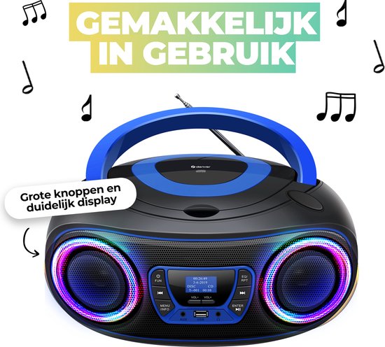 Denver Draagbare DAB Radio CD Speler Kinderen - Bluetooth - Lichteffecten - Boombox - AUX - FM - TDB212BLUE