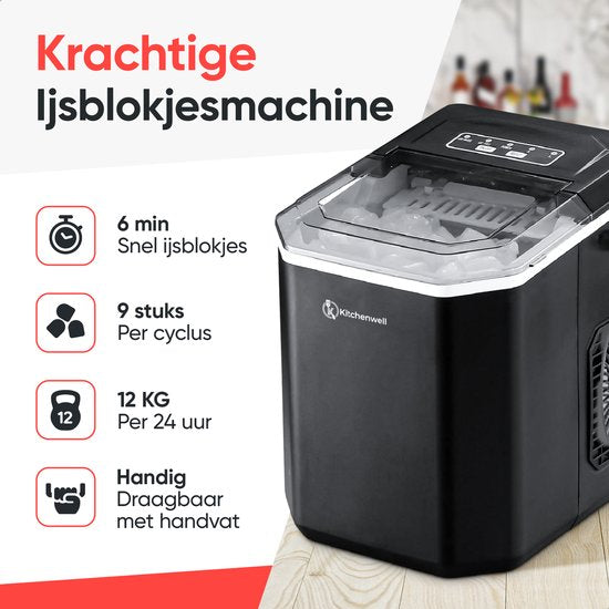 Kitchenwell IJsblokjesmachine – 1.3L - IJsblokjesmaker met IJsschep – 12kg/24 uur – Zelfreinigingsfunctie - Draagbaar - Zwart