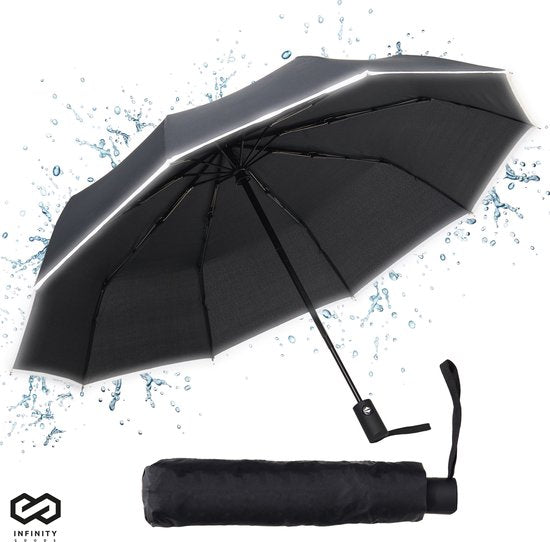 Infinity Goods Stormparaplu - Paraplu - 140 km/u - Reflecterend - Ø 107 cm - Automatisch Uitklapbaar - Beschermhoes - Zwart