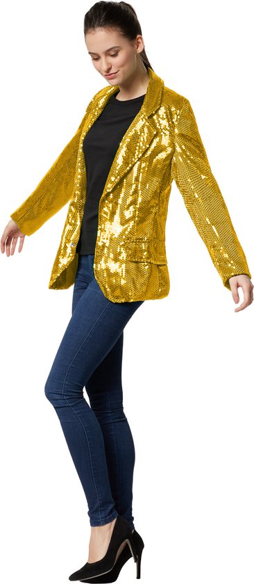Dressforfun Paillettenjas dames goud XL - verkleedkleding kostuum halloween verkleden feestkleding carnavalskleding carnaval feestkledij partykleding - 303849