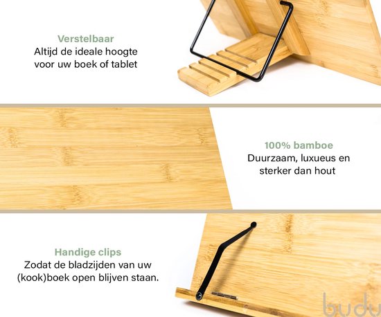 Budu Boekenstandaard – Boekenhouder – Book holder – Boekenstandaard bamboe hout – Tablethouder – Leesstandaard – Verstelbaar (5 standen)
