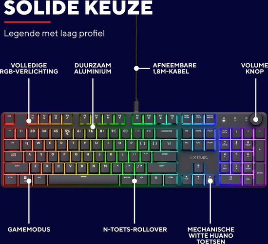 Trust GXT 866 Torix - Mechanisch gaming toetsenbord - Volledig RGB - Witte schakelaars - PC/PS5 - Qwerty VS - Zwart