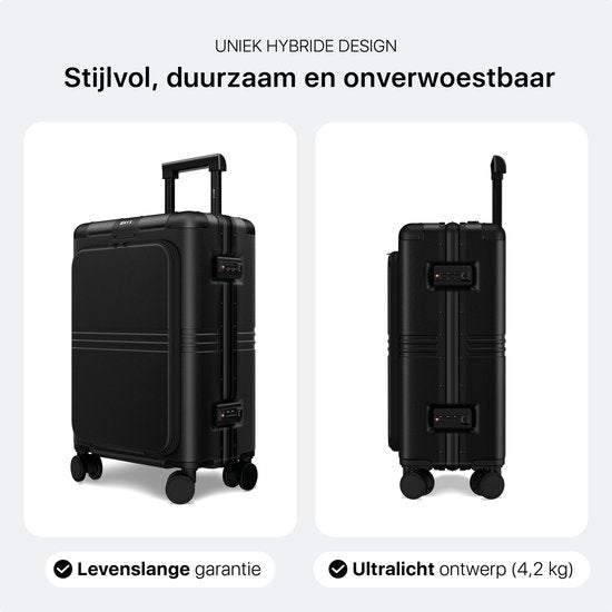 ONYX Hybrid Pro Handbagage Koffer met Voorvak 38 Liter - Gerecycled Polycarbonaat en Ritsloos Design - Reiskoffer met TSA slot en Spinner wielen - Lichtgewicht Trolley met Laptopvak - Onyx Black