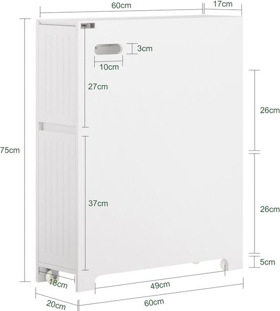 SoBuy Lage Kast, Staande Smalle Opbergkast, Smalle Badkamerkast, Toiletkast - Wit, 60x20x75cm, BZR111-W