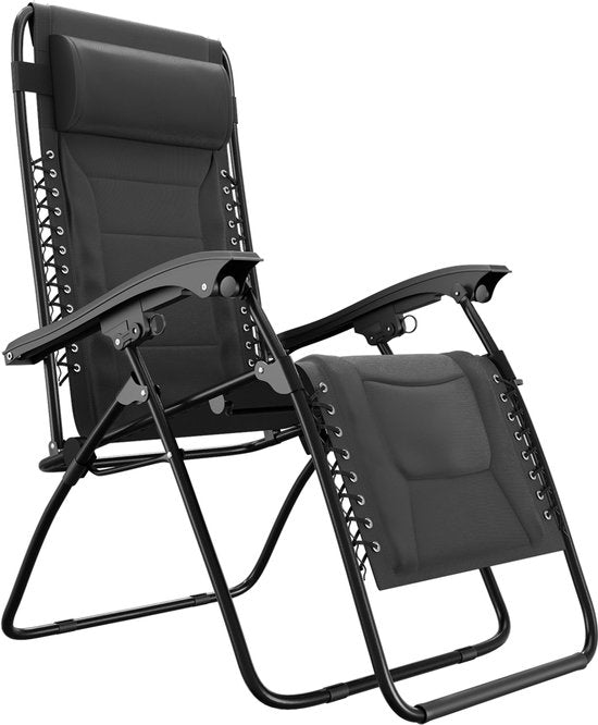 LifeGoods Ligstoel Comfort - Opvouwbaar - 30°-90° Verstelbaar - Beker en Telefoonhouder - Tuinstoel - Zwart