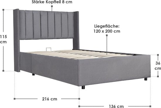 Juskys – Polsterbed Savona – 120 x 200 cm – Voorzien Van Opbergruimte Met Gasdrukveer En Gecapitonneerd Hoofdbord – Voor Slaapkamer En Tienerkamer – Donkergrijs Fluweel