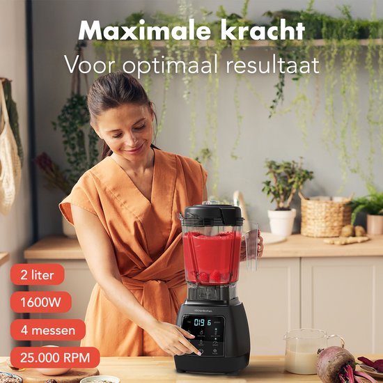 KitchenBrothers 2-in-1 Power Blender - 1600W - 2L - Complete Set met Hakmolen en To-go Beker - Smoothie Maker - IJscrusher - Zwart