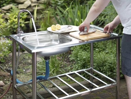 Camping/Outdoor Inox tafel met gootsteen lavabo en kraan 100x77x50cm
