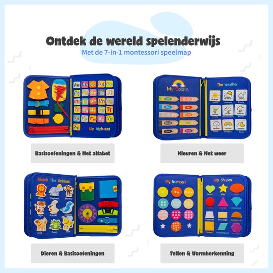 MontiPlay® Montessori Speelgoed - Sensorisch Speelgoed - Activiteitenbord - Busy Board - Montessori activiteitenboek voor thuis - Educatief - Sensomotorisch Speelgoed - Blauw