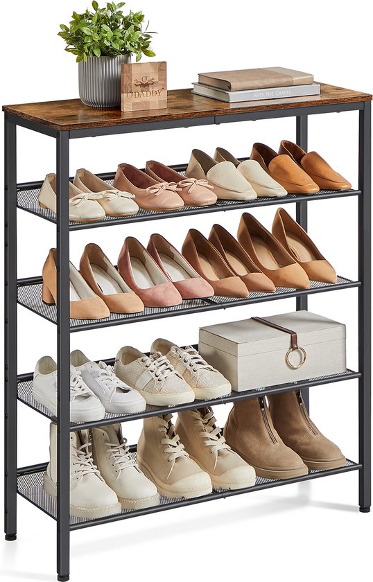 O'DADDY® Schoenenrek - 5 Laags - Schoenen Opbergsysteem - Schoenrek - Schoenenkast - Schoenkast - Industrieel Design - Bruin Hout - Zwart Metaal