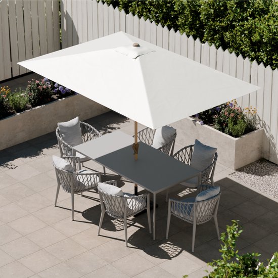 LifeGoods Parasol - Tuin - 270x180cm - 30° Kantelbaar - Waterdicht - UPF50+ - Houtkleurige coating - Crème