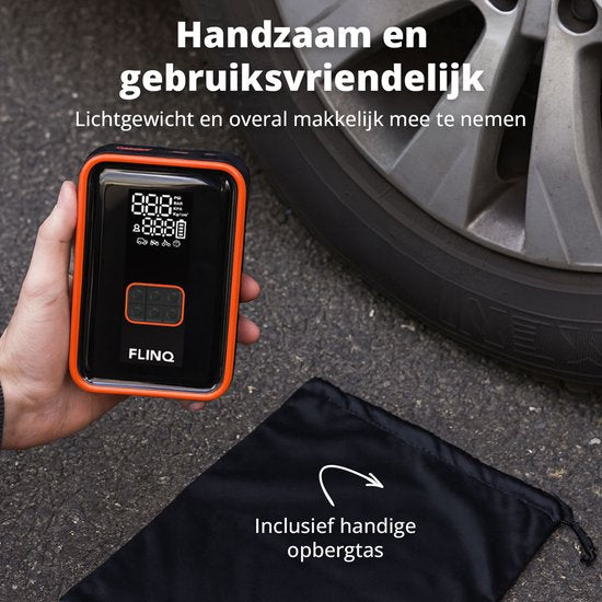 FlinQ 12V Jumpstarter voor Auto & Motor - 4-in-1 Luchtcompressor, LED Zaklamp, SOS Noodlicht & Powerbank - Elektrische Bandenpomp - Starthulp - Incl Opbergtas