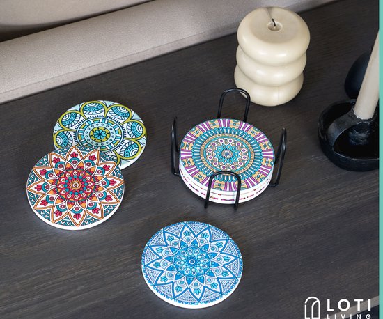 Loti Living Onderzetters met Houder – Onderzetters Design - Onderzetters Kurk – Onderzetters set - Onderzetters Voor Glazen – 6 stuks – Mandala Design