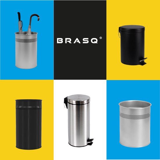 BRASQ Prullenbak Metaal Kantoor/ Thuisgebruik - Vuilnisbak - Afvalemmer - Papierbak - Rond - Prullenbakken - Zilver 15 liter