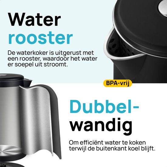 MOA Waterkoker met Temperatuurregeling - 1,7 Liter - Dubbelwandig - Warmhoudfunctie - Elektrische Waterkoker - 2200W - Zwart