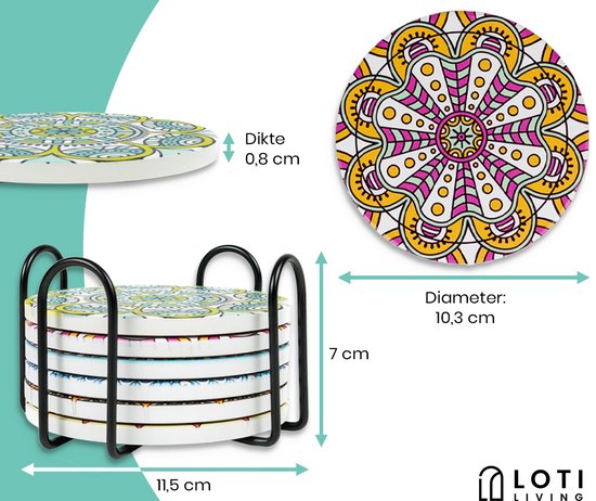 Loti Living Onderzetters met Houder – Onderzetters Design - Onderzetters Kurk – Onderzetters set - Onderzetters Voor Glazen – 6 stuks – Mandala Design