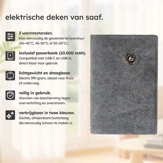 Warmtedeken - Infrarood - Draadloos - Stoelverwarmer - Warmtedeken Stoel - Warmte Deken - 3 standen - 40x110 cm - Original Grey - Saaf Comfort