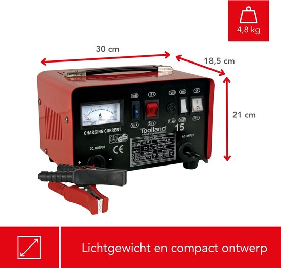 Toolland Acculader 12/24 V, met booster/starthulp 9 A, met thermische overbelastingsbeveiliging, ampèremeter - metalen behuizing, rood
