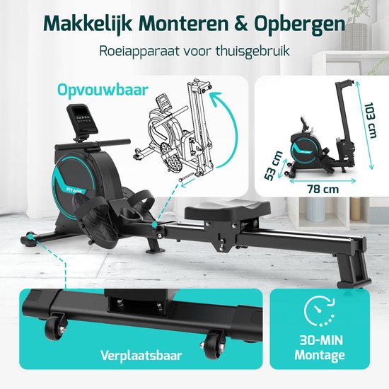 FITAGE Roeitrainer - Roeimachine 16 Weerstandniveaus - Roeiapparaat met Trainingsprogrammas en App - Roeitrainers - Inklapbaar