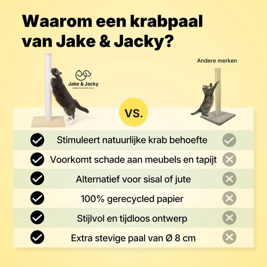 Jake en Jacky Krabpaal Hout - Houten Krabpaal voor Katten - met Papieren Touw - Krabmeubel - 80 cm