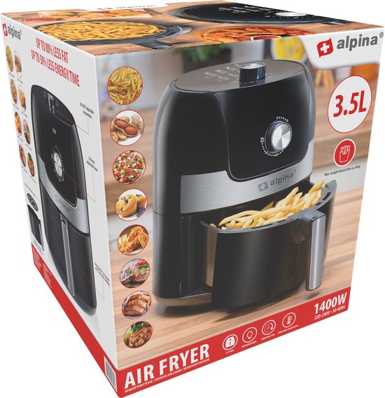 alpina Airfryer 3.5L - Heteluchtfriteuse 2 tot 3 Personen - Air Fryer met Instelbare Temperatuur van 80 tot 200°C - Hetelucht oven Airfryer Timer tot 60 Minuten - 1400W - Zwart