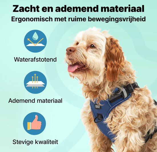 Jake and Jacky Hondentuigje - Anti-Trek Tuig - Hondenharnas - Y Tuig Hond - Reflecterend - Blauw - Maat M