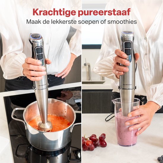 AoraKitchen Staafmixer Set - 6 Delig - 1000W - Turbo - Melkopschuimer - Hakmolen - Maatbeker - Garde
