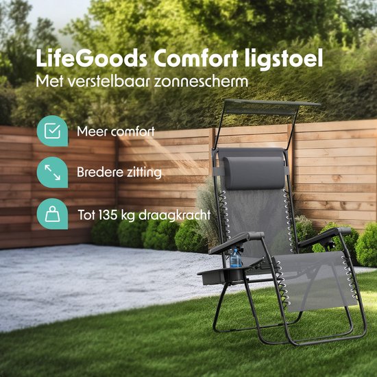 LifeGoods Opvouwbare Tuinstoel - Verstelbaar Zonnescherm - Ligstoel Tuin - 30°-90° Verstelbaar - Metaal - Grijs