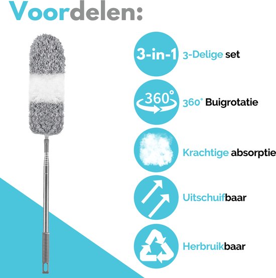 VAIVE Plumeau uitschuifbaar tot 280 cm - Ragebol met Telescoopsteel - Duster - Stoffer - Wasbaar en Draaibaar – 3 Opzetstukken