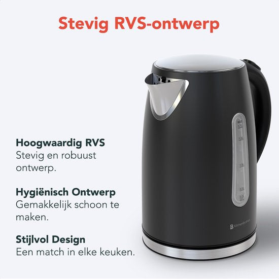 KitchenBrothers Waterkoker - Elektrisch - 1,7L - 2200W - RVS Waterkoker - Zwart