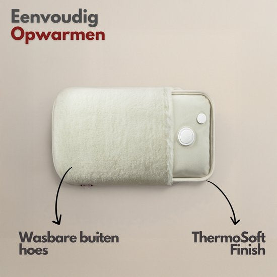Coozie Elektrische Kruik – 1L – met ThermoSoft Hoes van Pluche – Verwarmende Zachte Warmwaterkruik – Warmtekruik – Beige