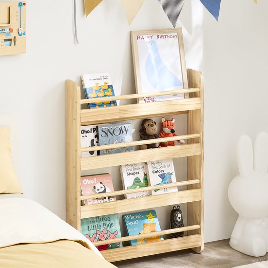 SoBuy KMB08-K-N Boekenkast voor kinderen, 4 niveaus, meubels, speelgoed, boekenkast, opbergkast, plank, slaapkamer, natuur, 60 x 12 x 80 cm