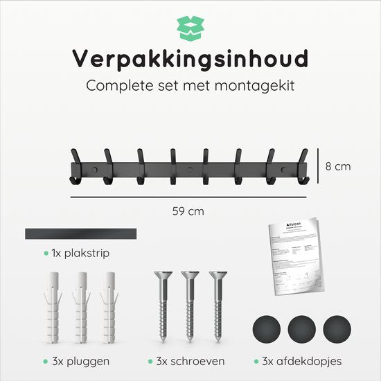 Volcan Wandkapstok - 16 Haken - RVS - Muur Kapstok Hangend - Industrieel - 3M Tape - Zwart