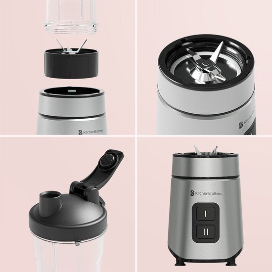 KitchenBrothers Mini Blender - Blender to Go - 2 Standen - Smoothie Maker - 2 To-Go Bekers 600 ml - Zwart