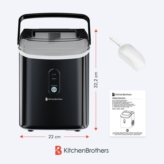 KitchenBrothers Nugget IJsblokjesmachine - 1.1L - Crushed Ice Maker met IJsschep – Draagbaar – 15kg/24 uur - Zwart