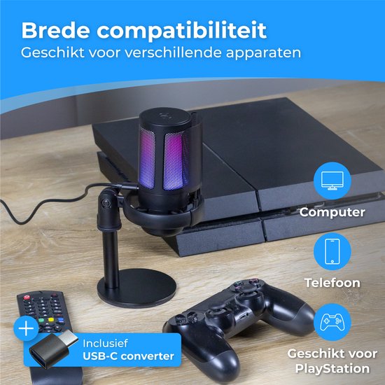 Nuvance - USB Microfoon met Standaard - voor PC en Gaming Microfoon - met Ruisfilter - Inclusief USB-C Converter - Streaming Microfoon - RGB