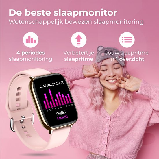 Nuvance - Smartwatch Heren & Dames met Bluetooth - IP68 Waterdicht - Geschikt voor alle Smartphones - Stappenteller en Hartslagmeter - Goud