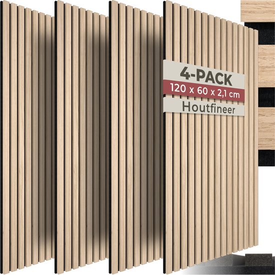 tectake® Akoestische Panelen - Set van 4 - Akoestisch Wandpaneel - 60 x 120 cm - 2,88 m² - Wandpanelen met Aanpasbare Grootte - Lattenwand van MDF en Houtfineer - Geluidsisolatie - Stijlvolle Wanddecoratie - Eenvoudige Montage - Licht Eiken