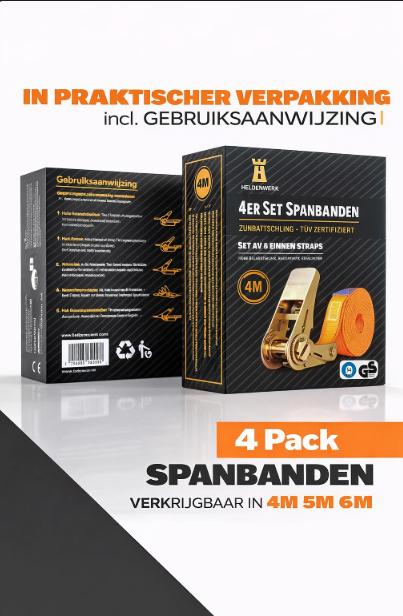 4 stuks spanbanden met ratel, in 4 m, 5 m of 6 m, ratelriemen, TÜV/GS-gecertificeerd, met dubbele naad, sjorbanden, weerbestendig en robuust
