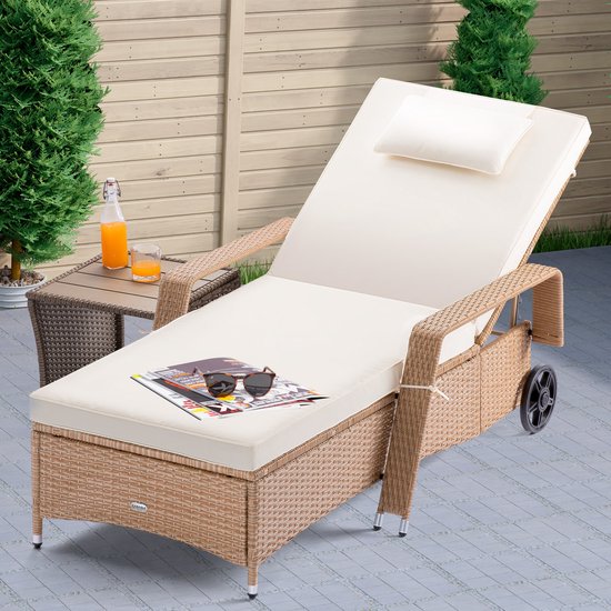 Luxe Polyrattan Ligstoel met Kussen – Verstelbaar – Weerbestendig – Crème – 162 x 64 x 86 cm – Draagvermogen 160 kg
