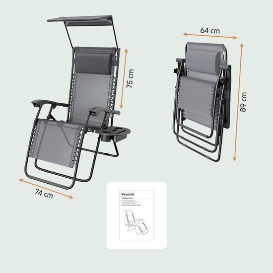 LifeGoods Opvouwbare Tuinstoel - Verstelbaar Zonnescherm - Ligstoel Tuin - 30°-90° Verstelbaar - Metaal - Grijs