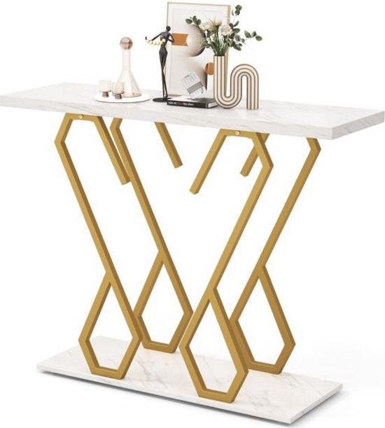 Coast Bijzettafel - Marmerlook - 100 x 30 x 79 cm - Wit/ Goud