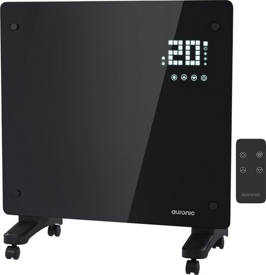 Auronic Elektrische Kachel – Convectorkachel Met Thermostaat en Afstandsbediening - Glazen Paneelverwarming - 1000W Heater - Zwart