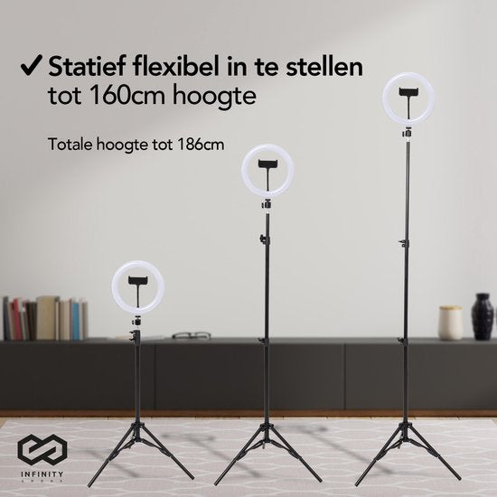 Infinity Goods Ring Light Met Statief - LED - 3 Kleuren - Verstelbaar Statief Tot 186m - Inclusief Stekker - Selfie Ringlight voor Tiktok / Instagram / Youtube / Streaming / Thuis Werken - Zwart