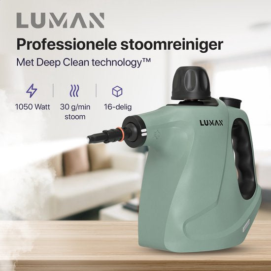LUMAN 16 in 1 Stoomreiniger C3 - Steam Lock Functie - Handstoomreiniger - Handstomer - Vlekkenreiniger - Tapijtreiniger - Incl. Opbergtas en 16 Opzetstukken - 1050 Watt - 450 ML - Groen