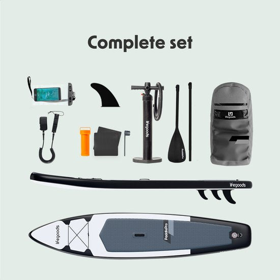LifeGoods SUP Board Touring - 165 KG Draagkracht - 365 x 76 cm - Opblaasbaar - Compleet Sup pakket - Wit/Zwart