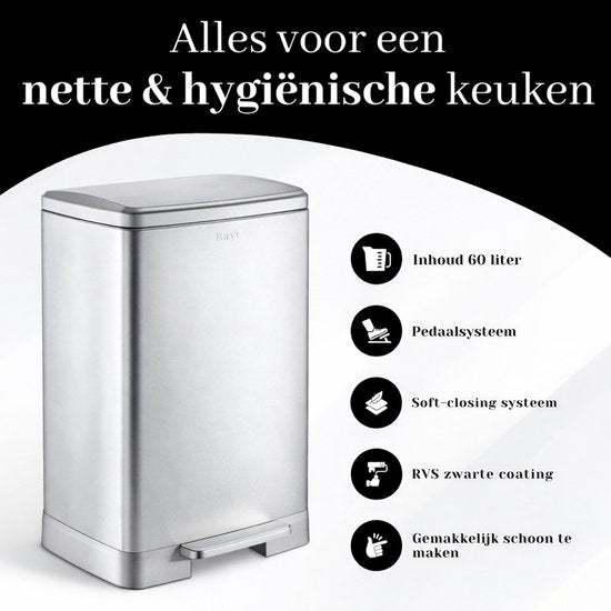 Bayt Prullenbak - Prullenbak 60 Liter - Inclusief 2 rollen vuilniszakken - Vuilnisbak 60 Liter - Pedaalemmer 60 Liter - Afvalbak - RVS - Zilver