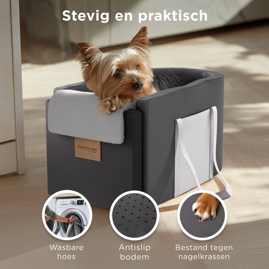CozySense® Honden Autostoel - Hondenmand Auto met Wasbare Hoes - Voor Kleine Hond - Past in Middenconsole - Ook als Draagtas - Zwart/Grijs